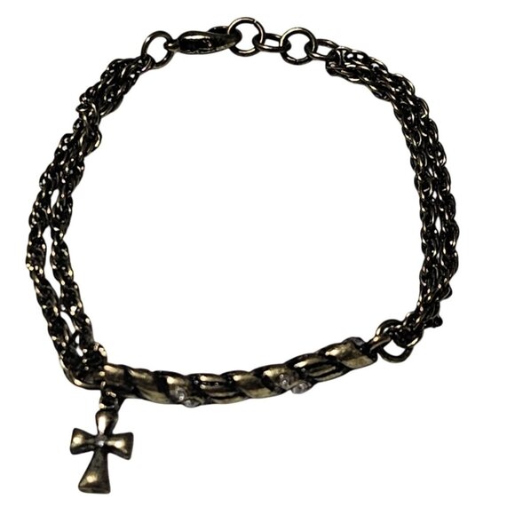 Vintage Ankh Cross Charm Bracelet Rhinestones Religious Egyptian Fashion Jewelry - Picture 1 of 4